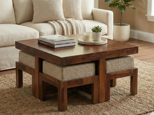 Belle Solid Wood Coffee Table with 4 Stools